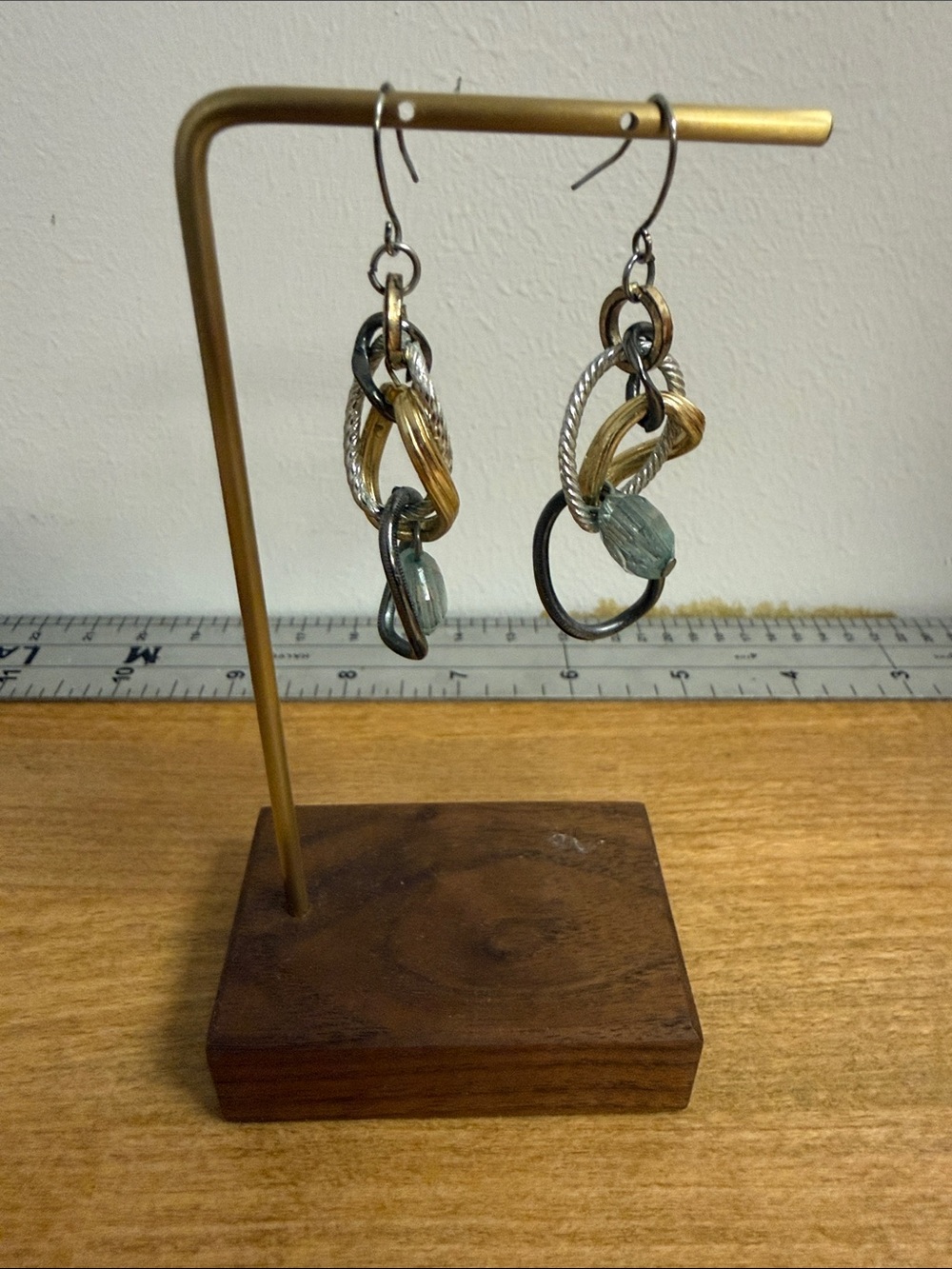 Mixed metal chain link chunky drop dangle earrings with accent bead